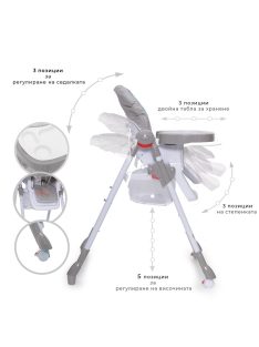   Cangaroo Kimchi etetőszék összecsukható 2 kerék, dönthető világos szürke