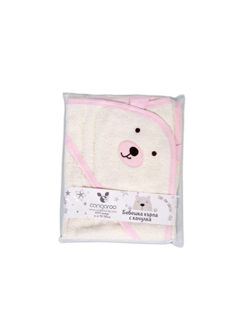 BALOO kapucnis törölköző/pamut maci füles fehér kifogó 70x90cm, szegés PINK 