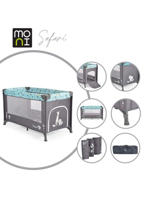 SAFARI utazóágy 1 szintes, zippes kibújóval, állatmintás TÜRKIZ/kék