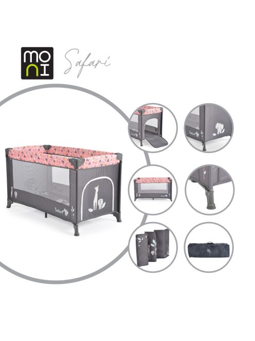 SAFARI utazóágy 1 szintes, zippes kibújóval, állatmintás PINK/rózsa