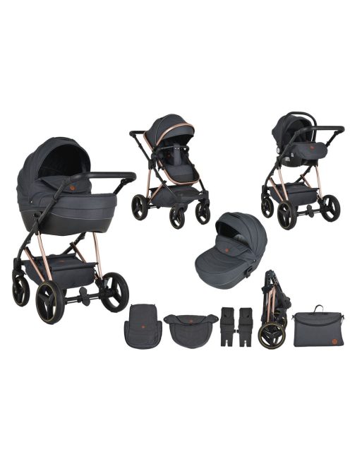 FLORENCE 3in1 babakocsi szett sport+mózes+autós hordozó+kistáska rosegold váz FEKETE