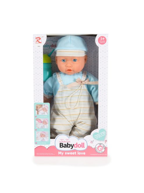 JÁTÉKBABA 41 cm-es fiú , csíkos, kantáros nacis VKÉK/szürke