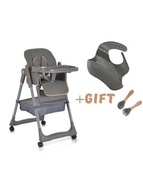 LINDO multifunkciós etetőszék kiegészítőkkel (előke, kanál, villa) SZÜRKE