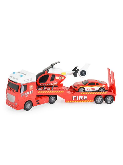 Tűzoltó vontató autó helikopterrel, autóval 54cm PIROS