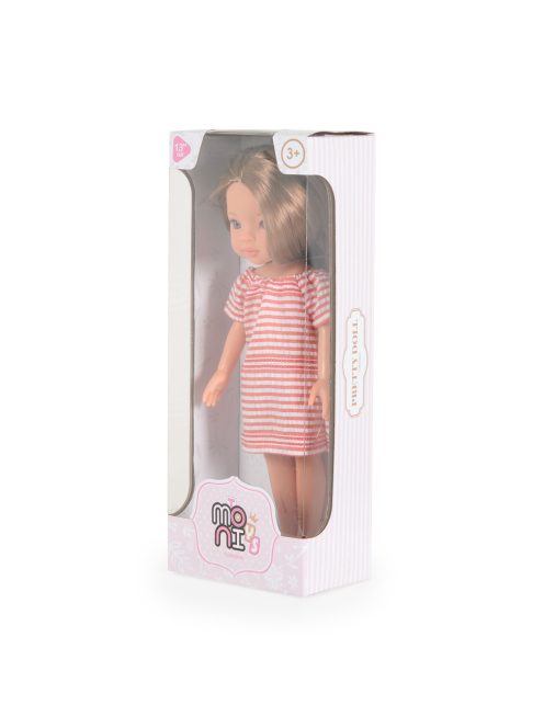 JÁTÉKBABA 33 cm-es hajasbaba csíkos ruhás, barna hajú PINK