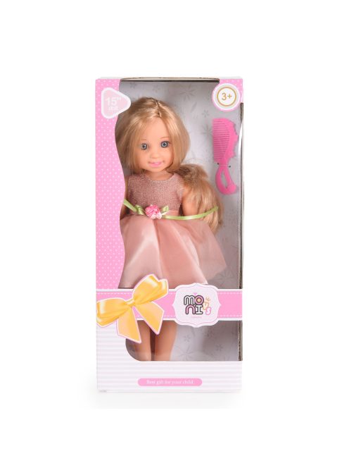 JÁTÉKBABA 38 cm-es hajasbaba, szőke, tüll szoknya, fésűvel BÉZS 