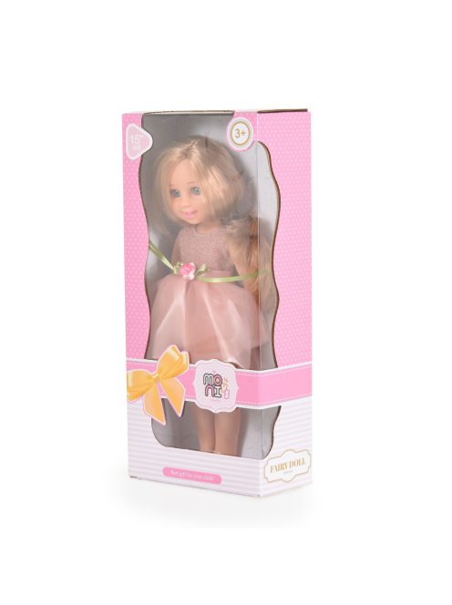 JÁTÉKBABA 38 cm-es hajasbaba, szőke, tüll szoknya, fésűvel BÉZS 