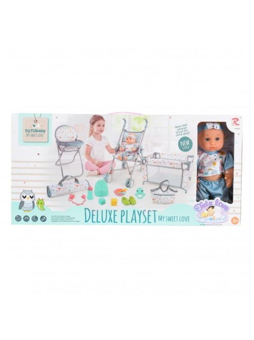 BABA játékszett 36 cmes LÁNY babával delux playset SZÜRKE/KÉK