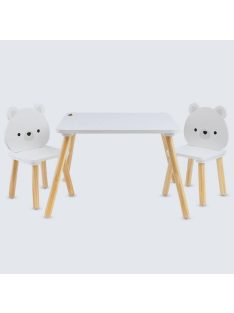 MONI fa asztalka 2 székkel FEHÉR MACIS