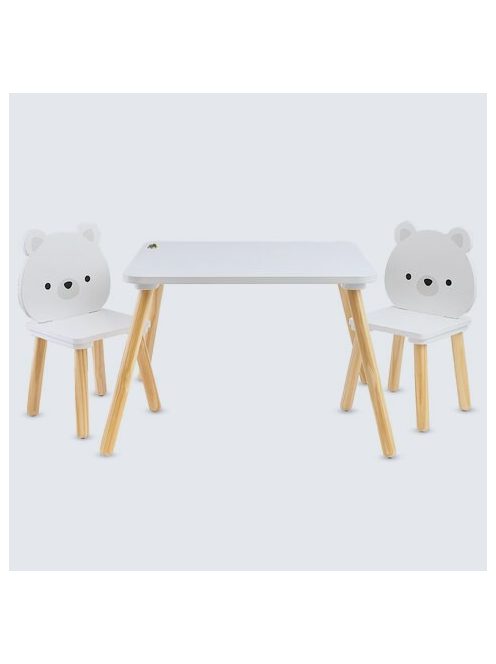 MONI fa asztalka 2 székkel FEHÉR MACIS