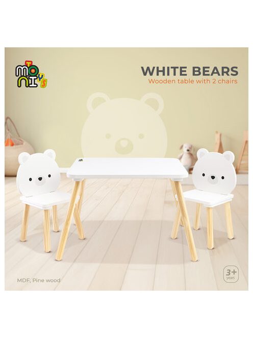 MONI fa asztalka 2 székkel FEHÉR MACIS