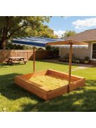 Fa homokozó árnyékoló tetővel + geotextil KÉK-FEHÉR vászontetővel
