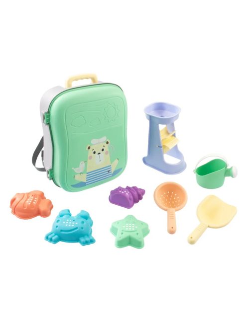 MOCHTOYS homokozó készlet 8+1 rész, bőrönd/hátizsák ZÖLD/ PASZTELL 