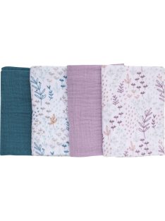   Bubaba muszlin kéz, arctörlő 40x40 cm (4 db)- Fehér mintás, lila türkiz