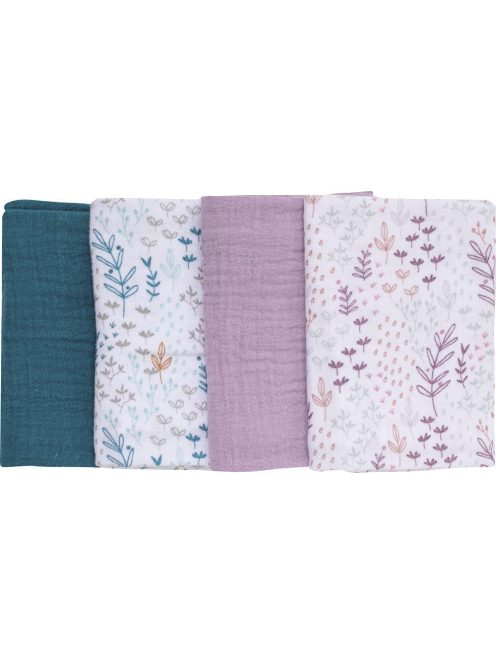 Bubaba muszlin kéz, arctörlő 40x40 cm (4 db)- Fehér mintás, lila türkiz