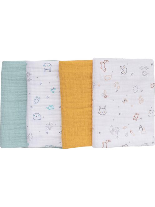 Bubaba muszlin kéz, arctörlő 40x40 cm (4 db)- Fehér mintás, menta,okkersárga