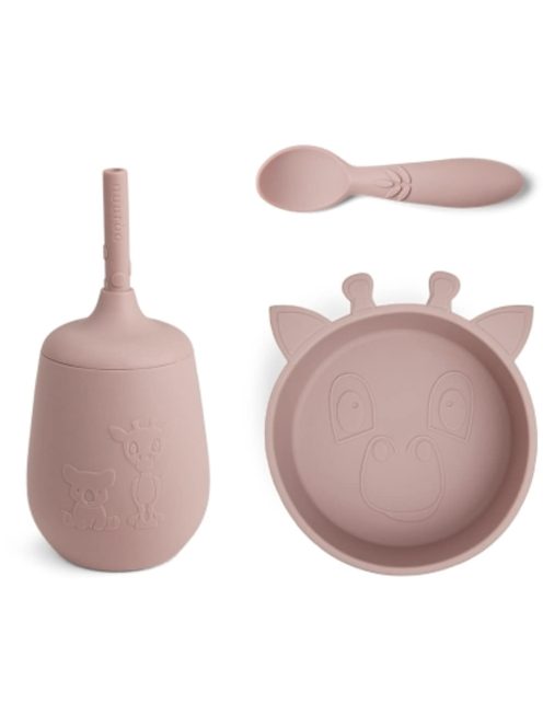 NUUROO Szilikon zsiráfos étkészlet 3 részes- Rózsaszín